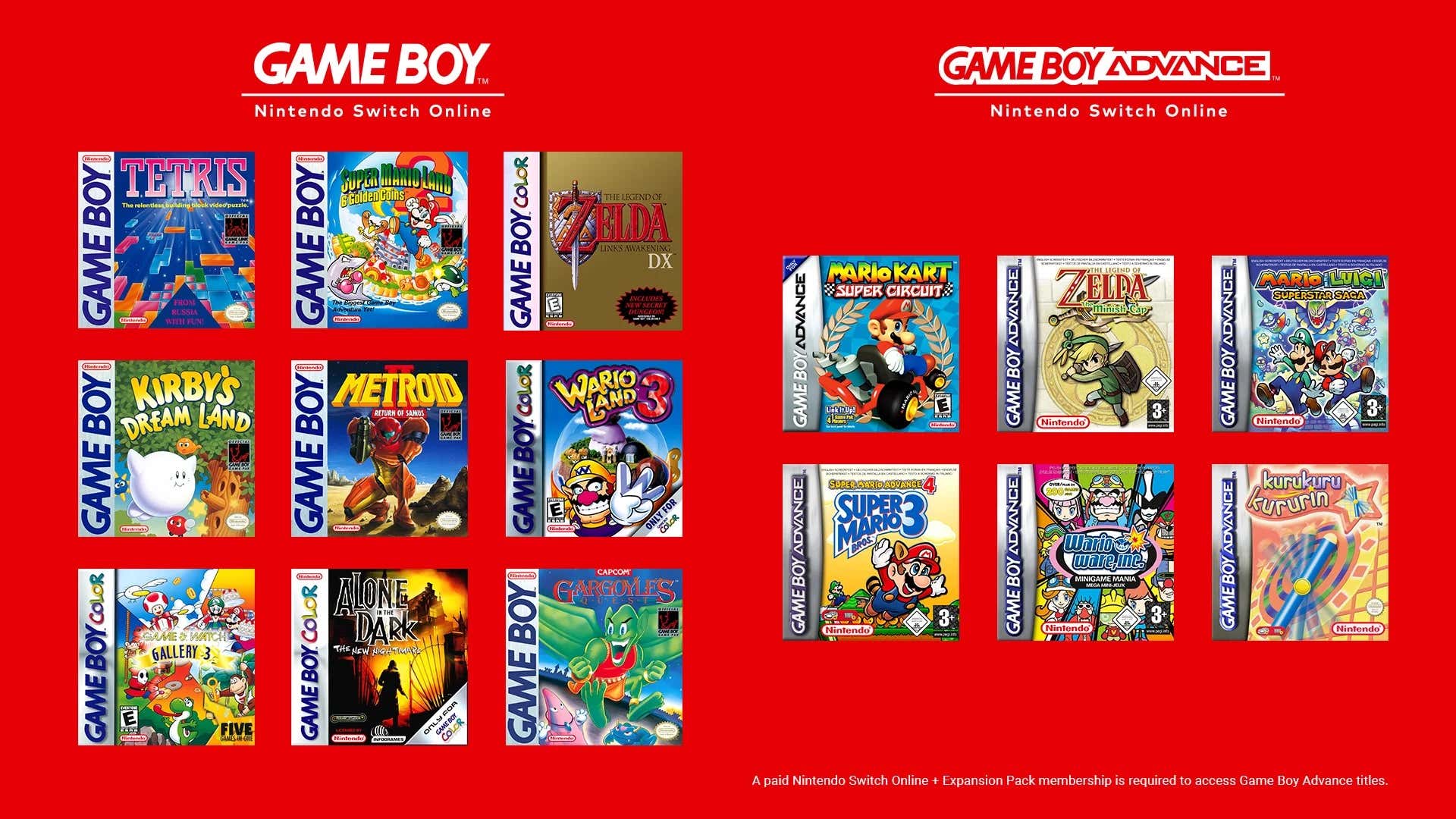 Los juegos de Game Boy y Game Boy Advance se muestran sobre un fondo rojo. 